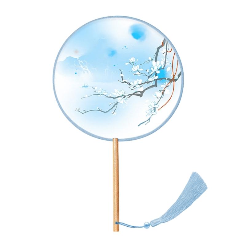 Chinese Fan with Pendant Handhelds Inks Painting Fan Tassels Round Silk Fan