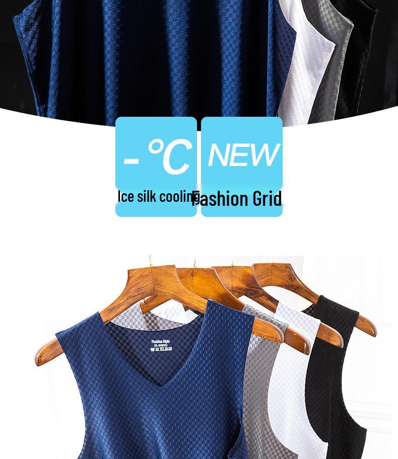 Men's Plaid Ice Silk Sleeveless Quick-Dry Tank Top - Breathable, Seamless Sports Fitness Undershirt for Summer.
