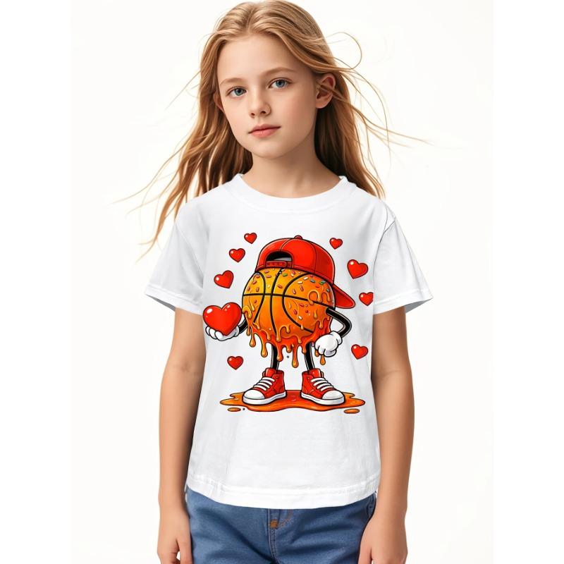 European Sizes Soft Breathable Valentine Basketball Heart Drip Sport Valentines Day T-Shirt for Kids | Boys & Girls Graphic Tee - Round Neck