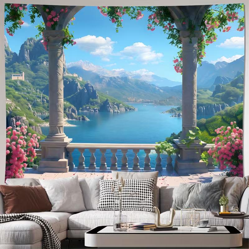 2D European Garden View Tapestry, Aesthetic Nature Landscape Wall Art for Room Decoration