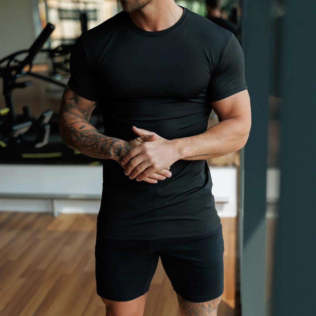 Large Size Matte Plain Men'S Summer Sports Fitness Casual Stretch Round Neck Short Sleeve T-Shirt For Men