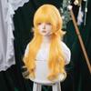 Lolita Stil Helles Gold Langes Lockiges Haar mit Pony, Simulierte Kopfhaut Natürliche Große Welle für Tägliches Cosplay synthetisch