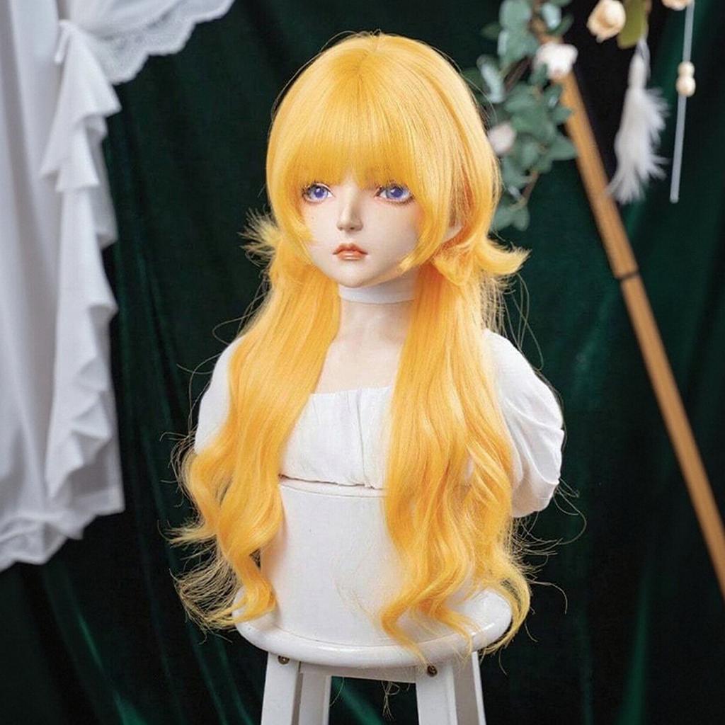 Lolita Stil Helles Gold Langes Lockiges Haar mit Pony, Simulierte Kopfhaut Natürliche Große Welle für Tägliches Cosplay synthetisch