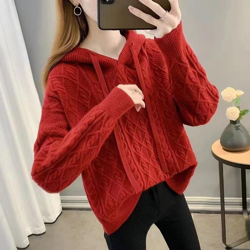 Kapuzenpullover mit verdrehten Streifen Damen Herbst und Winter Neue Mode Fauler Stil Lässiger Strickcardigan Lockere Damenbekleidung