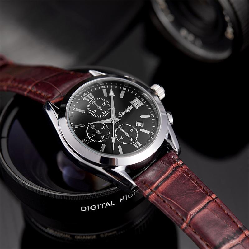 Fashionable personalized trendy circular dial with calendar night light waterproof men's quartz watch business leather strap