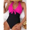 One Pieced Swimsuit for Women Breathable Swimwear Solid Color Contrasting Bathing Suit Beachwear Backless Design