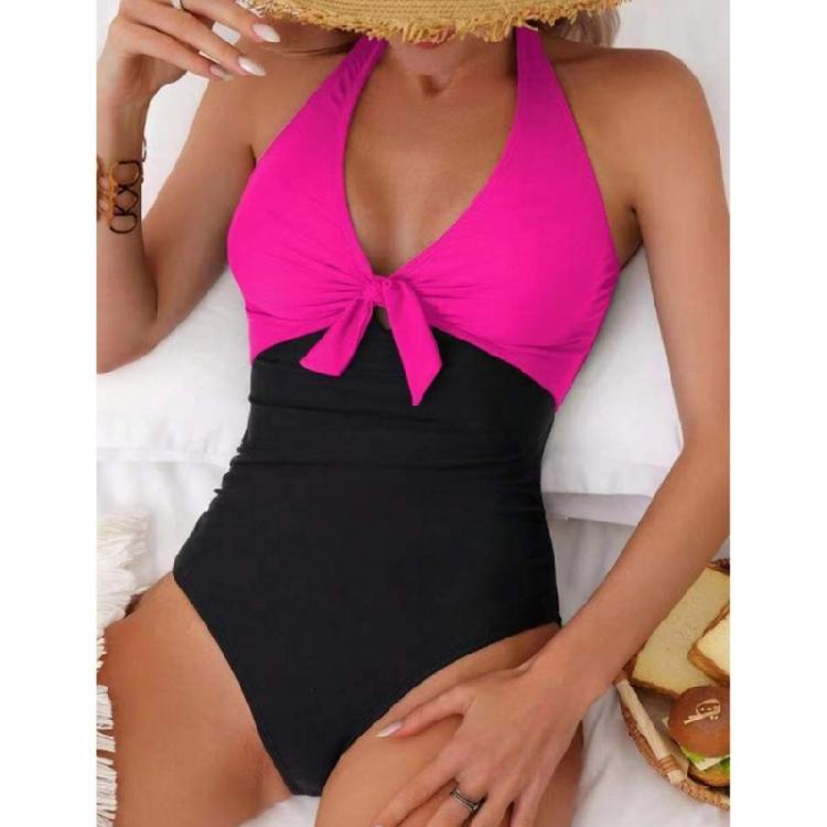 One Pieced Swimsuit for Women Breathable Swimwear Solid Color Contrasting Bathing Suit Beachwear Backless Design