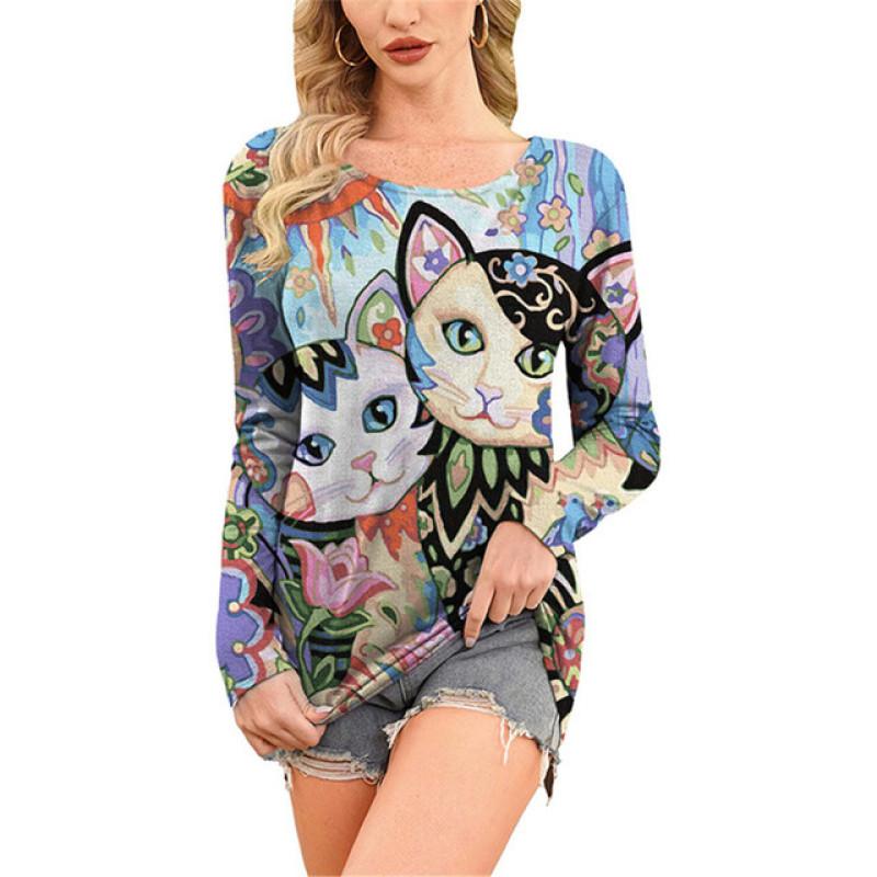 

Новая женская футболка с милым мультяшным принтом кота, длинные свободные винтажные футболки, женские повседневные черные рубашки с круглым вырезом и принтом в стиле бохо, топ Femme M