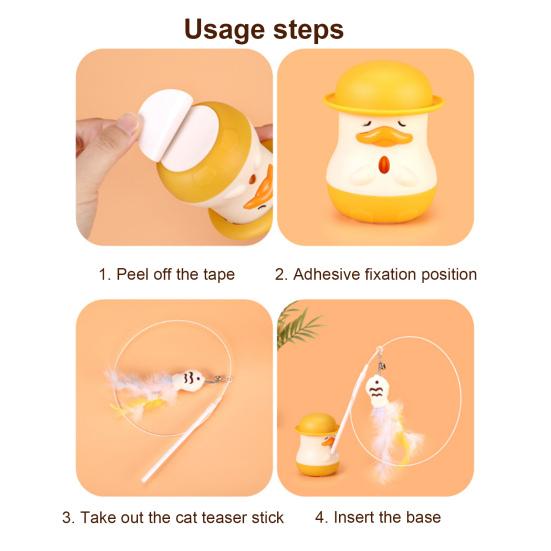 Interactive Cat Teaser Stick Cat Toy with Feathered Fish Interchangeable Teaser Heads 360-Degree Rotating Duck Base Detachable Teaser Wand