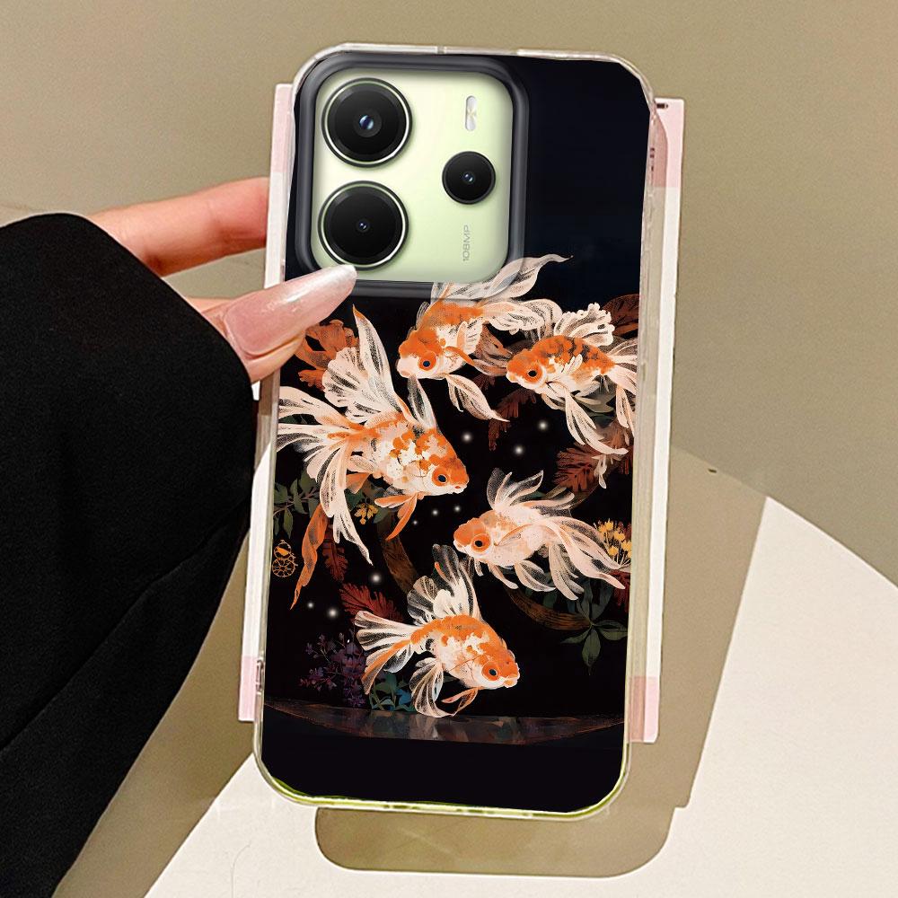 Koi Goldfish Sparkle Black Glossy Phone Case for Xiaomi Redmi Note 14 13 12 11 11S 10 9 8 Pro 9C 13C 14C A5 A3 A4 A3X A1 Cover