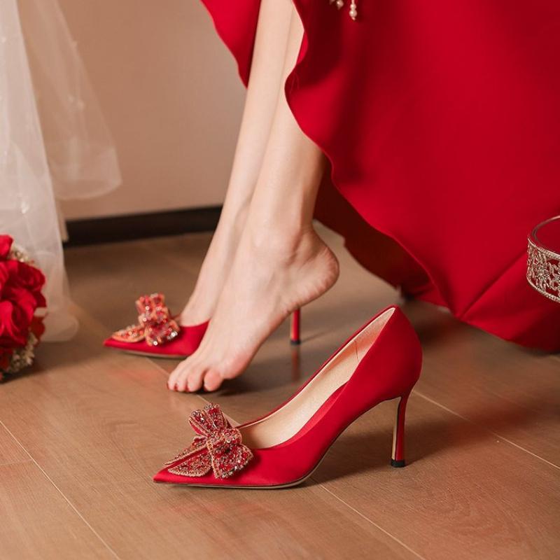 2026 Spring and Autumn Women's High Heels Chinese Red Butterfly Rhinestone Fashion Wedding Women's Shoes
