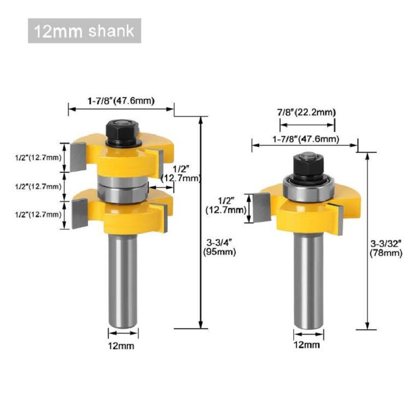2pcs Set 8mm 12mm 1/2inch Shank Tongue & Groove Router Bits Set Stock 1-1/2 Tenon Milling Cutter for Wood Woodworking Tools Bit
