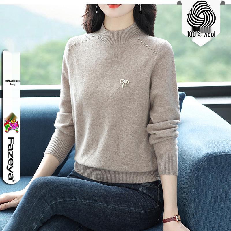Stylish Women's Beaded Wool Sweater: Solid Color, Half-High Neck Pullover