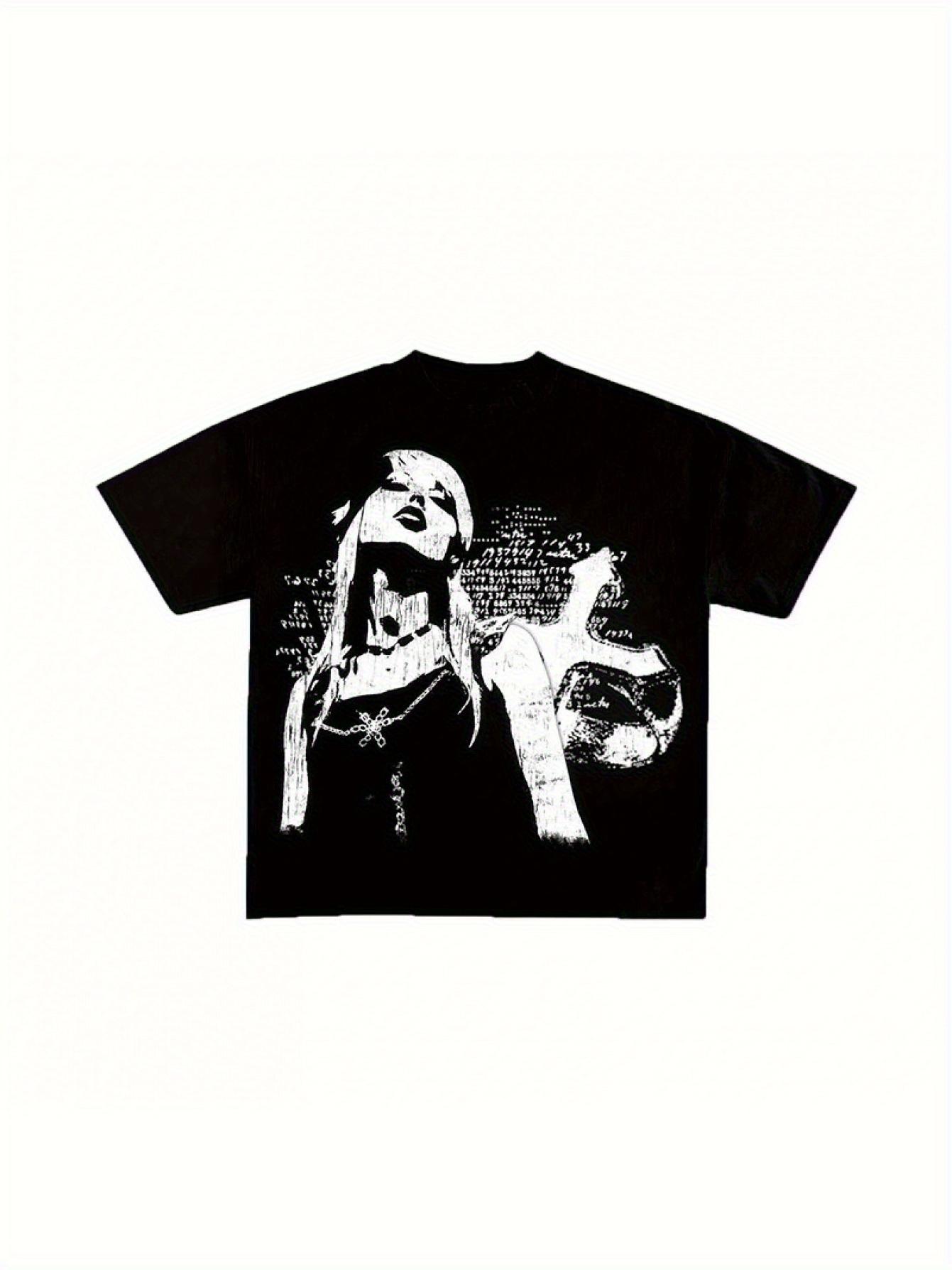 Unisex Y2K Harajuku Punk Gothic Rock Graphic T-Shirt- Black T-shirt with White Edgy Musical Notes and Lyrics Prints S