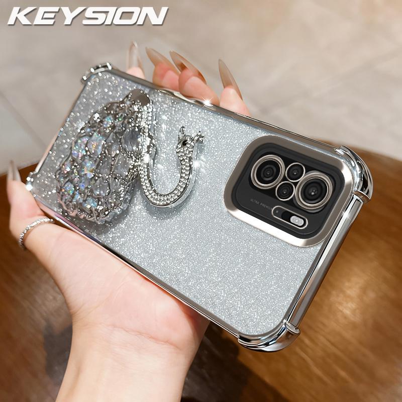 KEYSION Shockproof Plating TPU Phone Case for Redmi Note 10 10S 10 Pro 4G Glitter Jewelled Swan kickstand Back Cover for Xiaomi POCO M5S