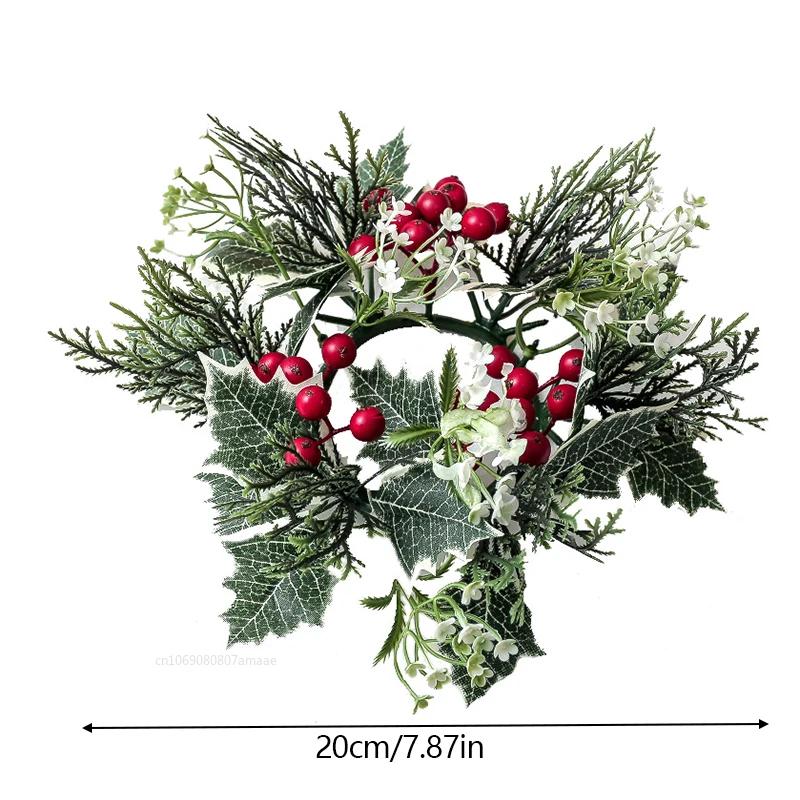 Christmas Candlestick Wreath Artificial Berry Garland Candle Ring Xmas Table Decoration Green Leaves Wreath for Candle Holder
