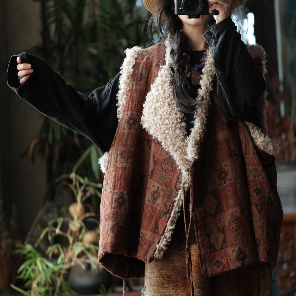 Johnature Women Vintage Print Floral Vests Coats Spring Chinese Style Warm Belt Female Coats