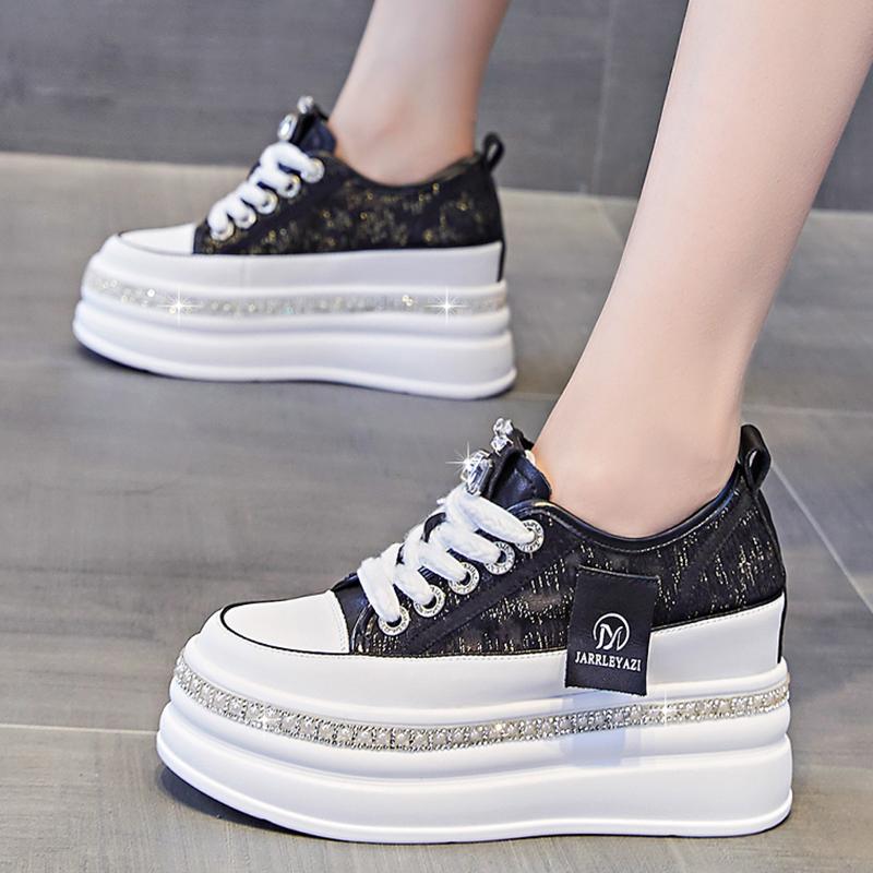 Women 8CM Platform Casual Outdoor Shoes Rhinestone Shine Decoration Sneakers Lace Up Walking Sport Breathable Thick Bottom Shoes