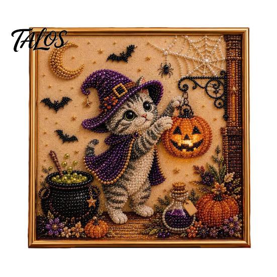 Decorative Hanging Pictures for Halloween Ghost Faux Pearl Art DIY Kit with Frame, Cat Painting Easy Projects Beginners Kit, 3D Witch Pumpkin