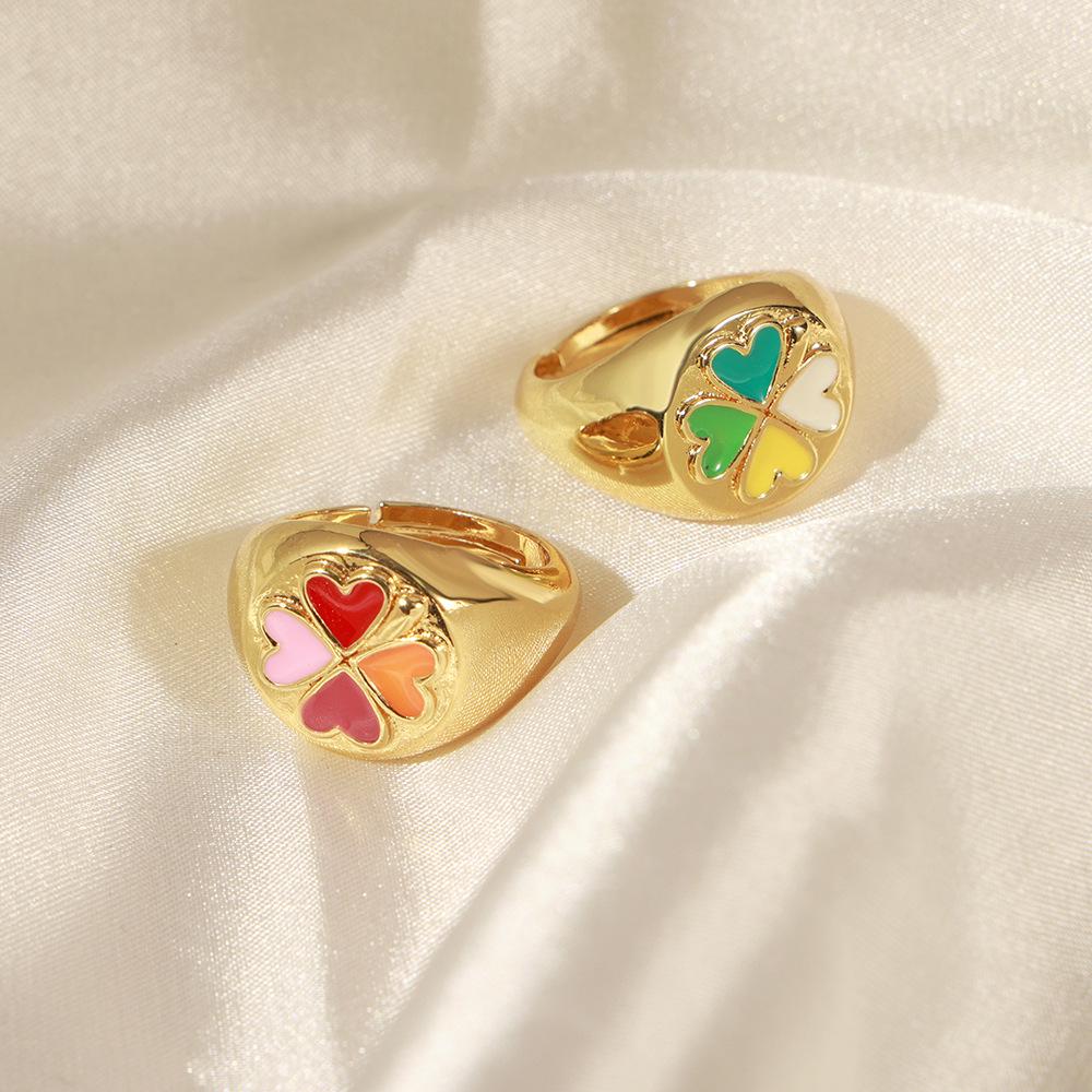 Korean Style Geometric Heart Clover Enamel Ring for Women - Trendy Temperament Design