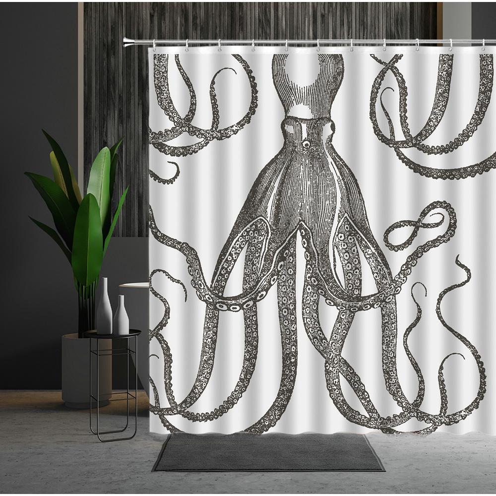 Funny Sea Monster Octopus Shower Curtain Marine Organism Tentacle Black And White Style Bath Curtains Bathroom Decor Fabric Hook