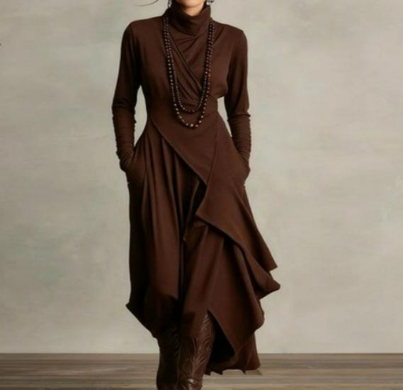 

Women s Solid Color High Neck Cross Irregular Dress - Autumn/Winter 2025 Medium