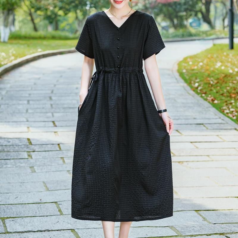 

Модные летние платья больших размеров, тонкое повседневное длинное платье с короткими рукавами для женщин, элегантная женская одежда среднего возраста 5XL чёрный