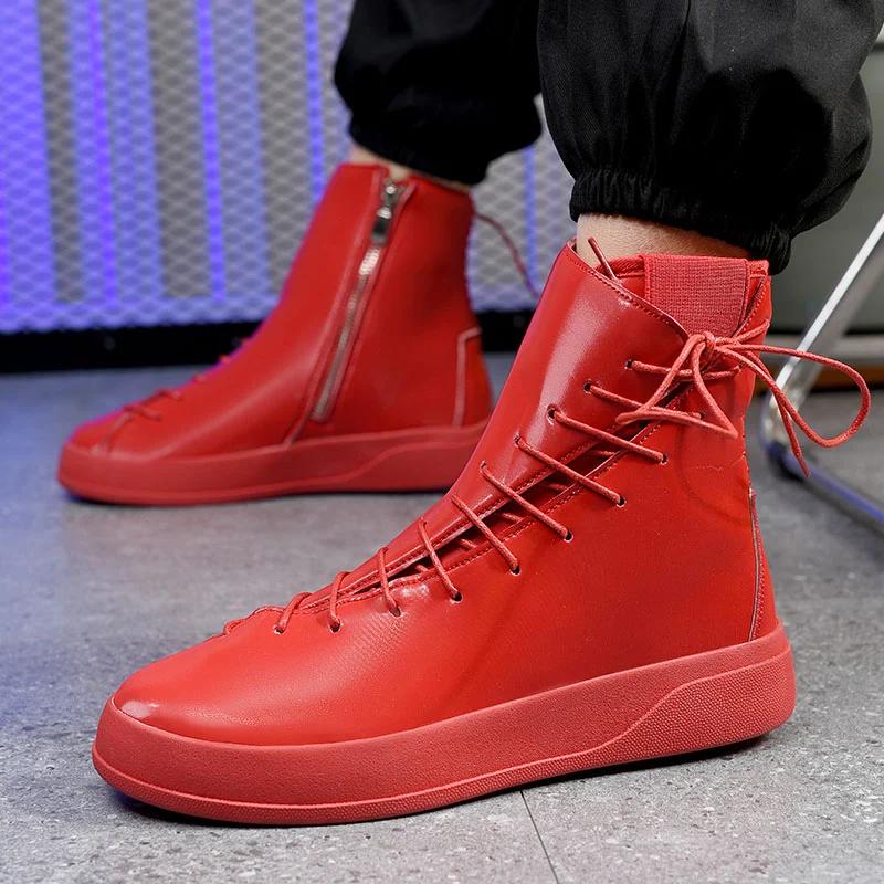 Trendy Red Mens Sneakers Fashion Lace-up Sneakers for Men High Top Casual Shoes Flat Hip Hop Designer Shoes Men Chaussure Hommes
