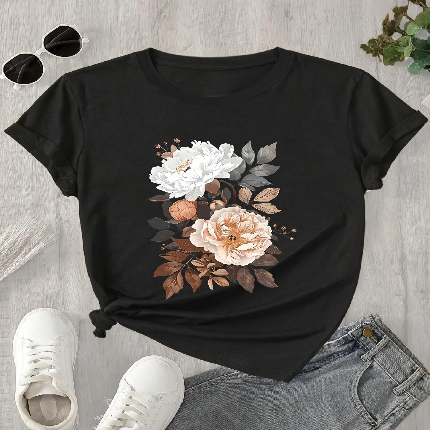 Round Machine Washable Spring Summer Versatile Ladies T Shirts Women s Floral Sleeve with White & Peach Flowers Casual S