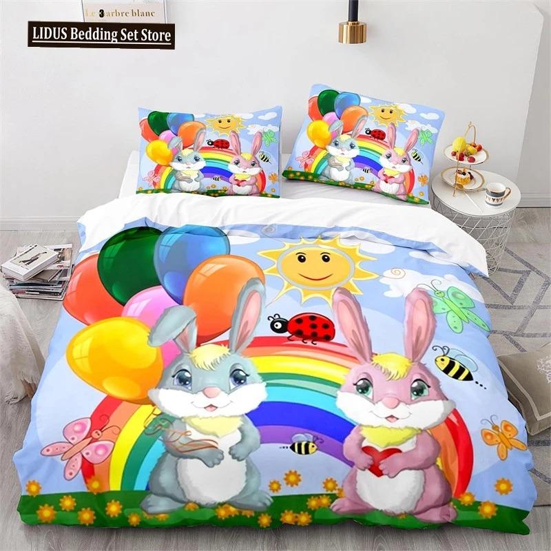 Copripiumino Animali Cartoni Animati Simpatico Set Letto Coniglio Arcobaleno Microfibra Fauna Selvatica Copripiumino Misura Singola Per Bambine Bambini Stanza Kawaii