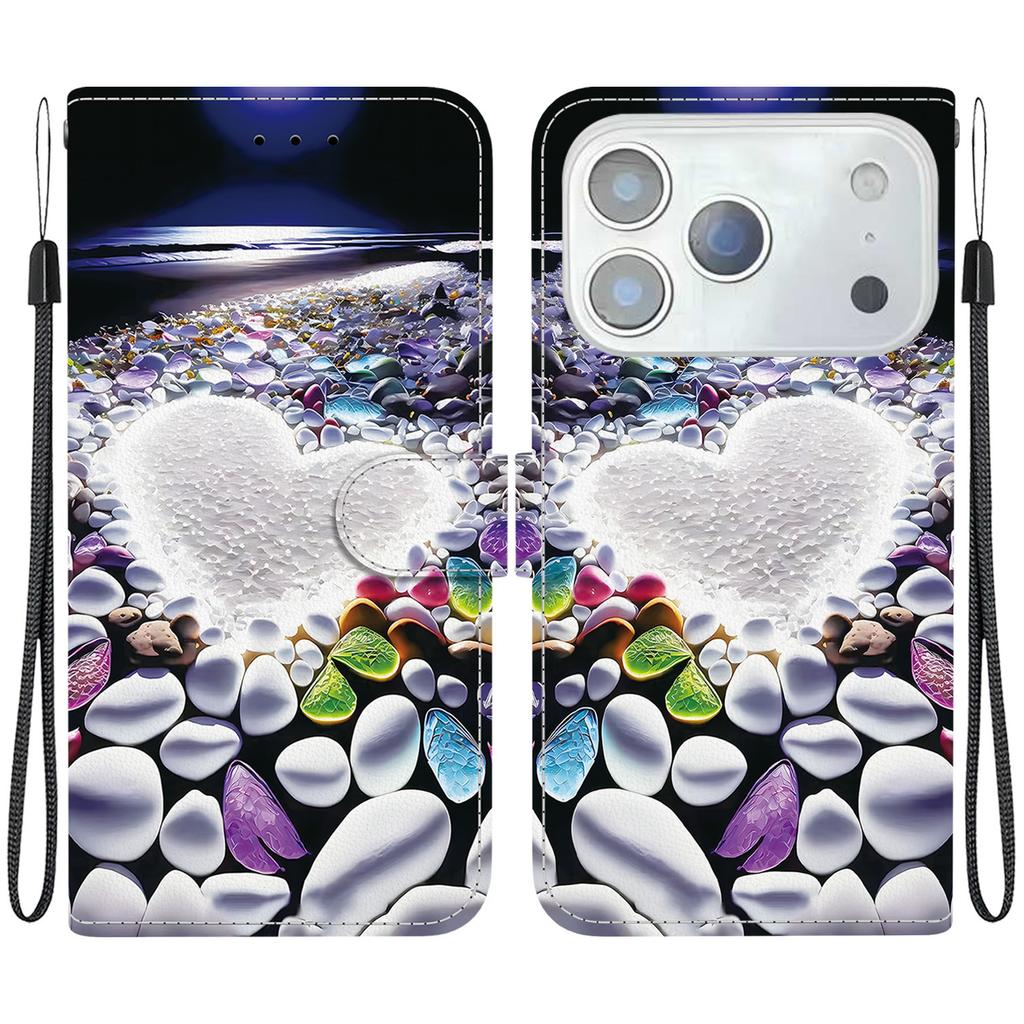 Pro iPhone 17 Pro Pouzdro Vzorový Tisk Odolné proti Pádu Kožené Vyklápěcí Peněženkové Pouzdro na Telefon se Šňůrkou