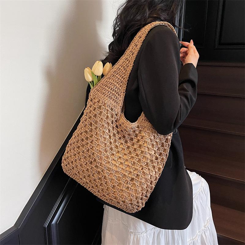 Yogodlns Casual Woven Straw Bag Large Capacity Fashionable Shoulder Beach Vacation Bag for Spring Summer Shopper Handbag Totes