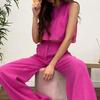 2Pcs/Set O-neck Sleeveless High Waist Casual Outfit Solid Color Short Vest Flare Long Pants Female Clothing