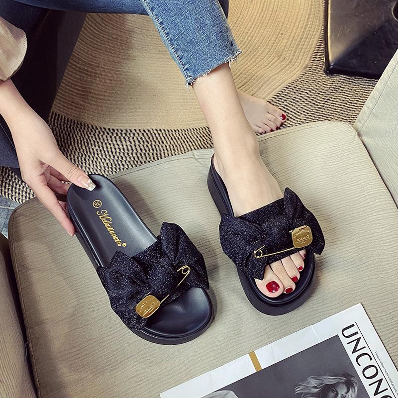 Bow-tie Cool Slippers Women's Summer 2025 New Fashion Outer Wear Versatile Large Size 41-43 Platform Beach Shoes Ins Tide