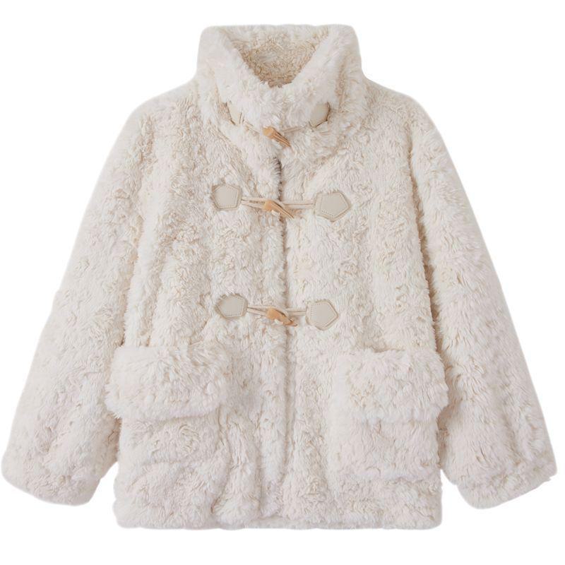 Winter Women's Korean Style Horn Button Imitation Rabbit Fur Coat, Loose Lambswool Fashion