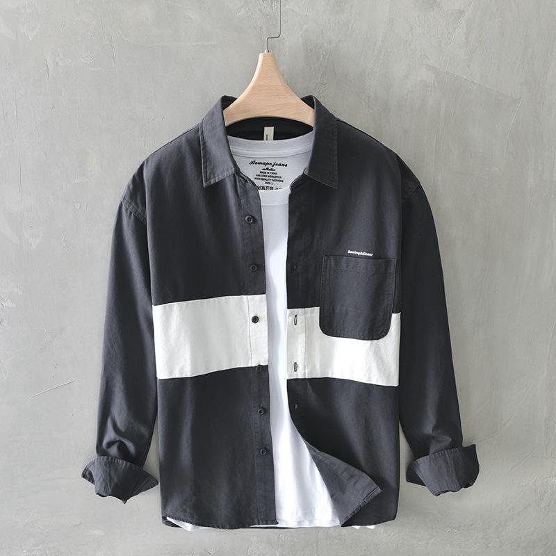 Japanese Style Workwear Men Tops Spring/Autumn Casual Long Sleeve Pure Cotton Loose Shirt Stitching Youth Popular Shirts with Pocket