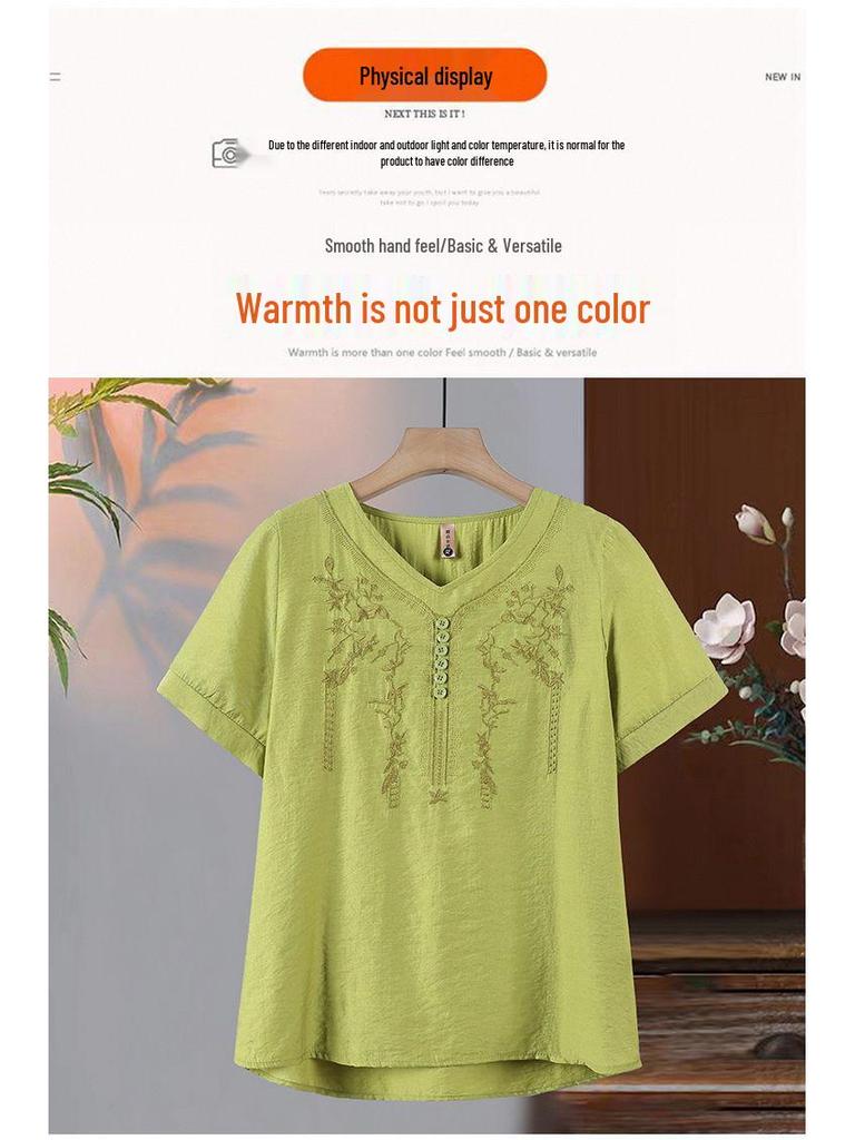 Women's Tencel Linen Embroidered Short-Sleeve T-Shirt & Pants Set - Summer Style for Middle-Aged Moms