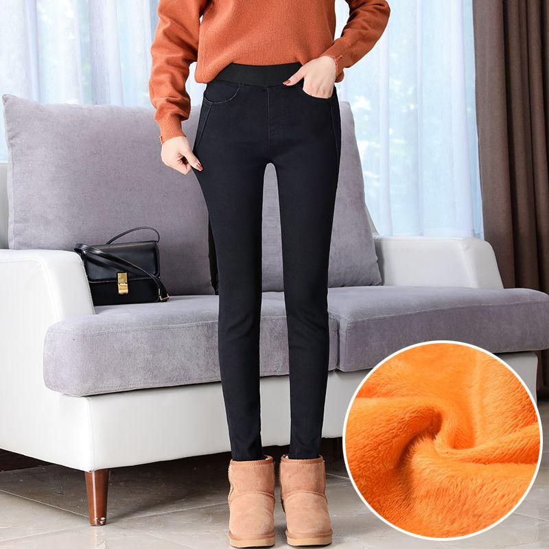 High Waist Skinny Pencil Jeans Mom Fall Winter Thicken Warm Denim Pants Casual Velvet Lined Vaqueros Big Size 38 Stretch Trouser