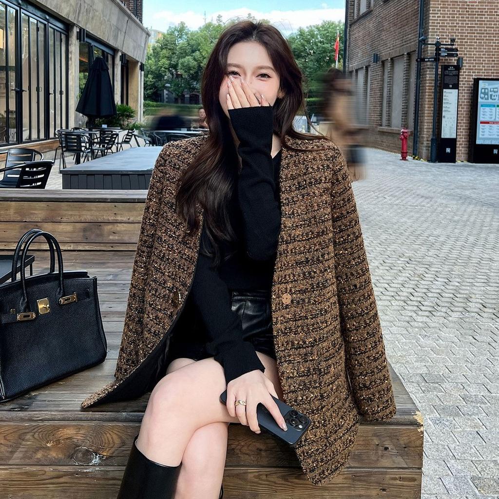 Women Tweed Jacket Premium Knitted Wool Blend Mid Long Coat Fashion Outerwear