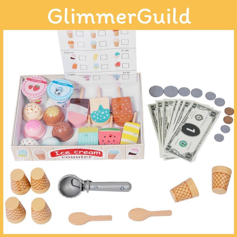 Wooden Cream Ice Stand Toy With Cash Register And Fruit Accessories Playtime For