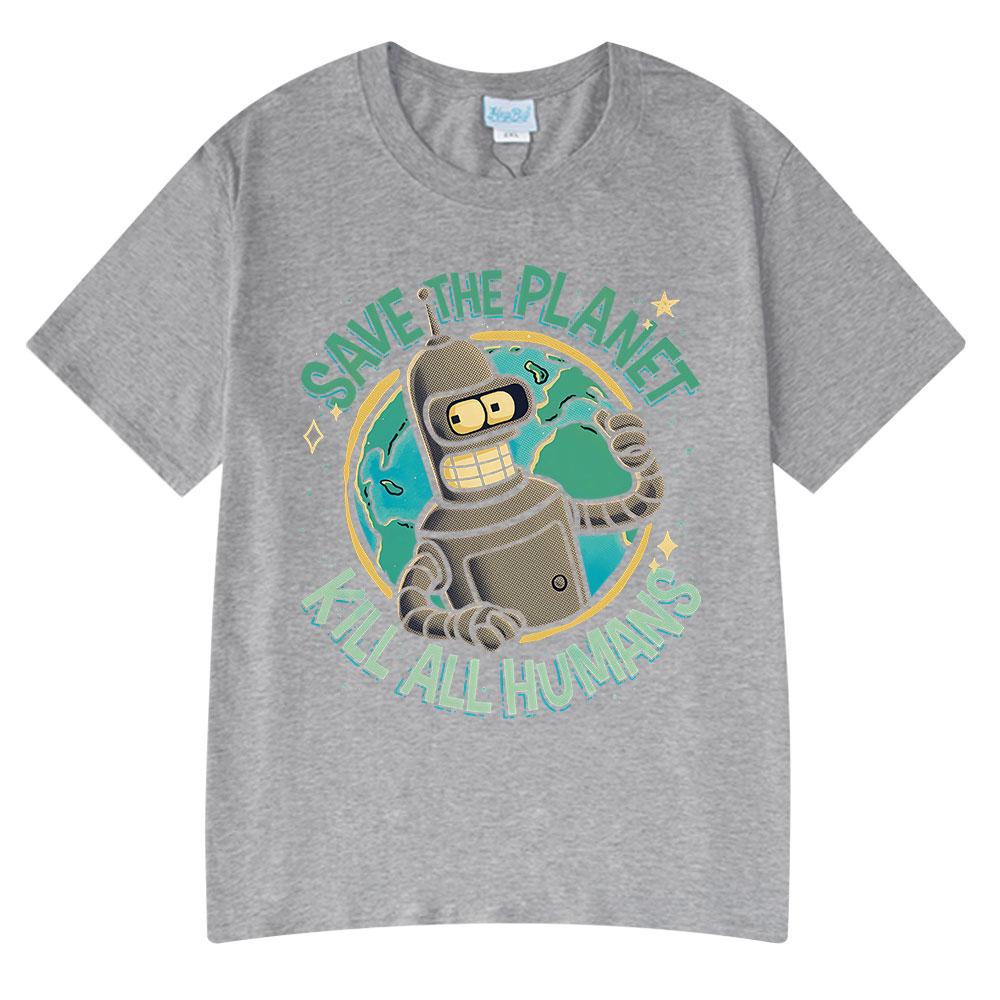 Lustiges Save The Planet Kill All Humans Roboter Grafikdruck T-Shirt Herren Damen Mode Kurzarm T-Shirt Übergroße T-Shirts