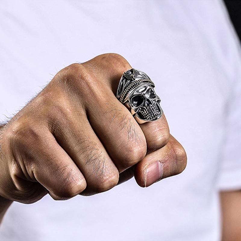 Retro Colored Navy Officer Skull Ring For Men Punk Gothic Rock Hiphop Open Ring Biker Accessories Handmade Zircon Unisex Gift