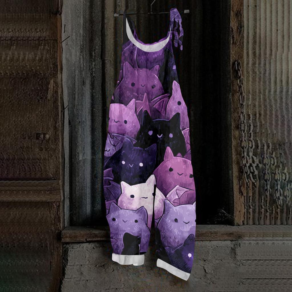 Women's Loose Casual Vintage Style Cotton Linen Overalls with Adjustable Straps and Pockets Halloween Inspired Graphic Print Jumpsuit