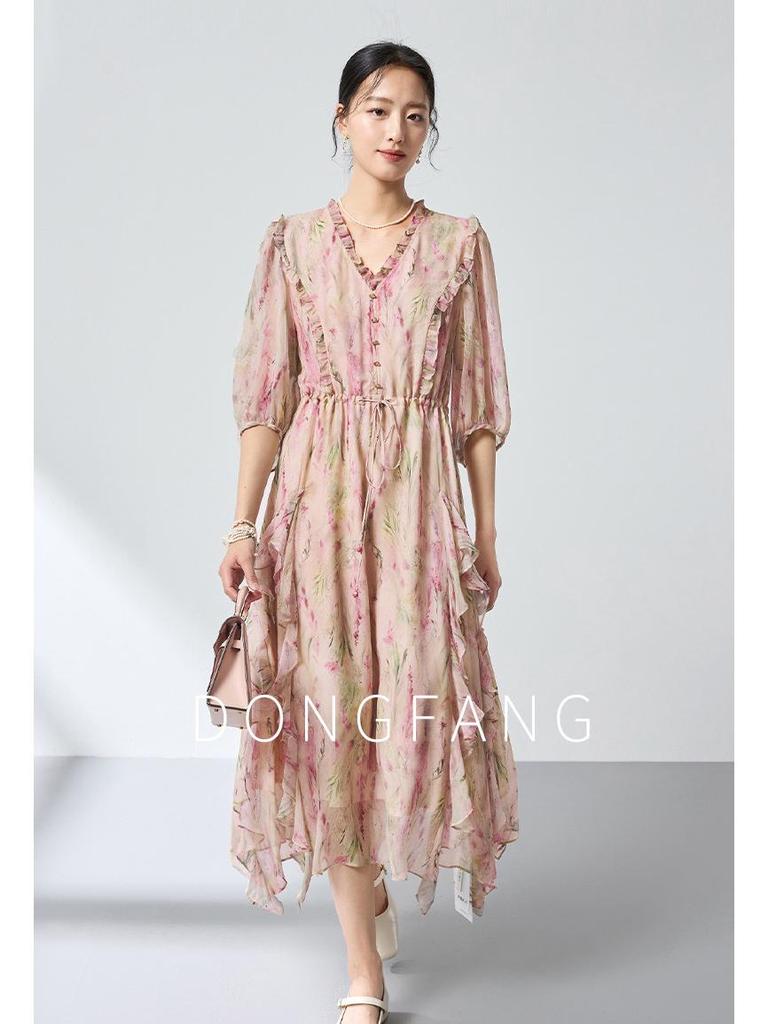 Ethereal Floral Print Dress in 100% Mulberry Silk with Ruffles - Spring Tea Break Collection