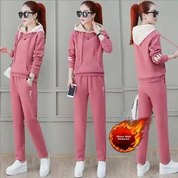 Thickened Fleece Loose Fit Embroidered Sportswear Set for Women Autumn Winter New Style Long Pants Outwear Two-Piece Suit