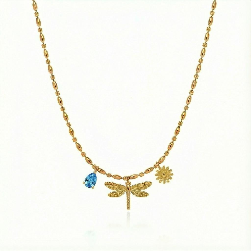 Butterfly Dragonfly Sunflower Zircon Bee Flower Pendant Gold Color Retaining Multi-Pendant Necklace