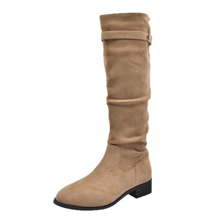 Coarse Heel Suede Khaki Pile Medium Tube Knight Boots Women's Shoes New Autumn and Winter Skinny Long Tube Long Boots