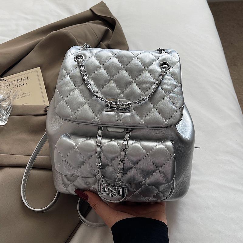 Sweet rhombus chain double shoulder small backpack gentle feeling fashion leisure commuter shoulder bag