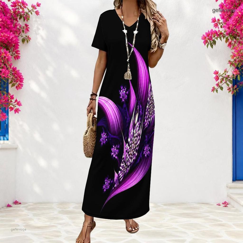 Women Plus Size V Neck Short Sleeve Printed Black Long Maxi Dress