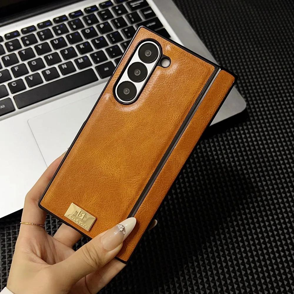 Vintage Luxury Leather Hard Drop Proof Phone Case for Samsung Galaxy Z Fold 7 6 5 4 3 Hinge Shockproof Solid Color Protect Cover